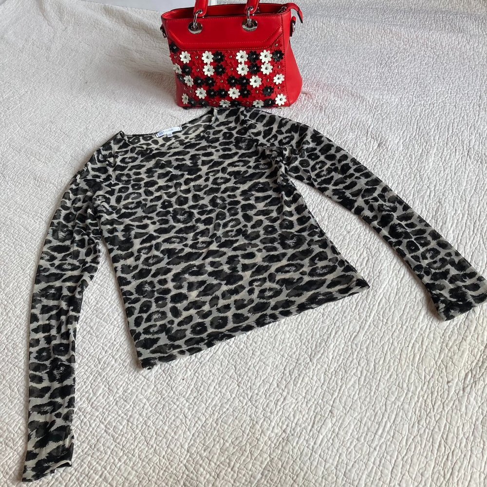 Antistar Animal Print Sheer Mesh Long Sleeve Top sz S